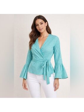 Ann Mashburn Teal Blue Gingham Check Wrap Blouse Bell Sleeve Medium